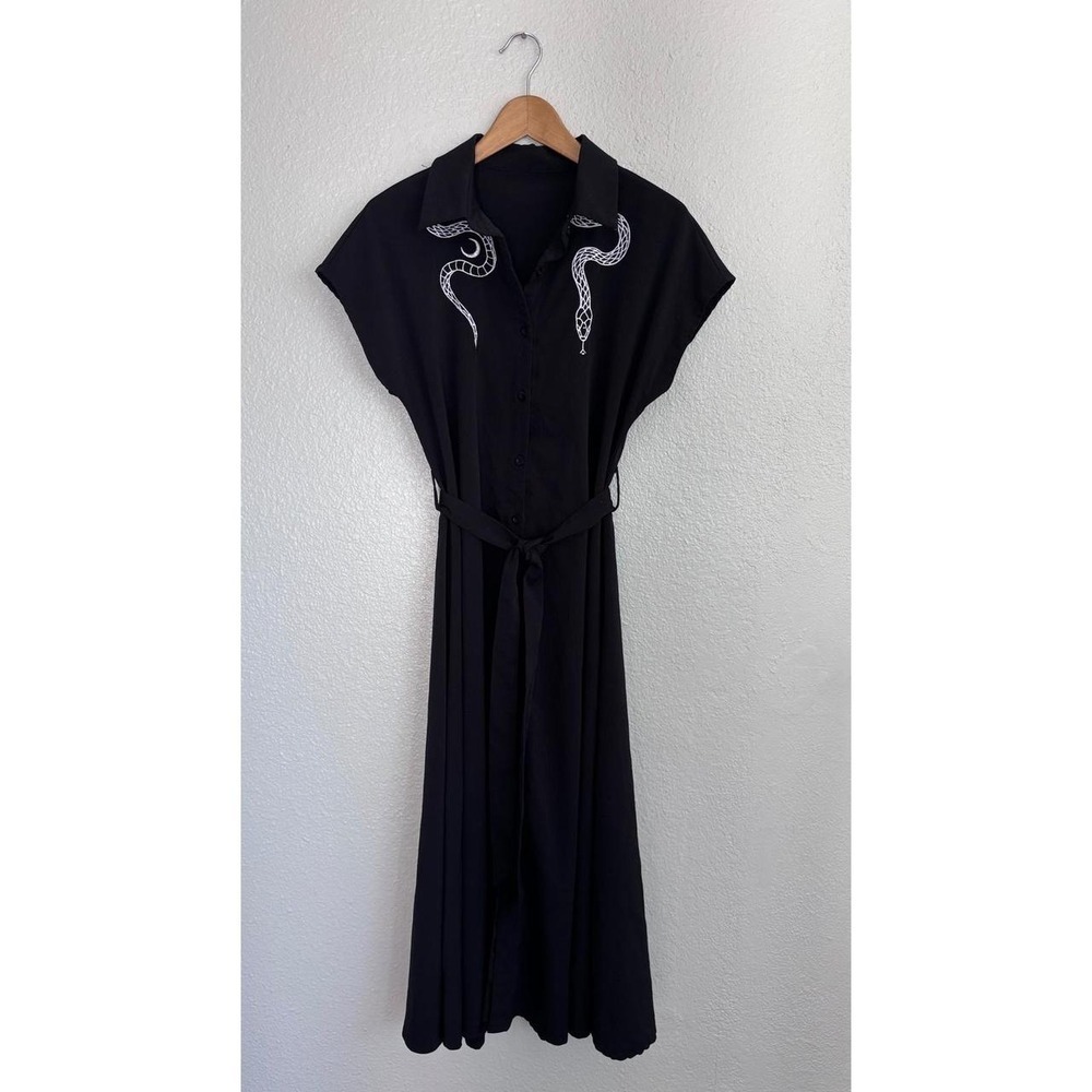 Gothic Snake Embroidered Button Front Belted Midi Shirt Dress L Black Whimsigoth - Picture 7 of 12